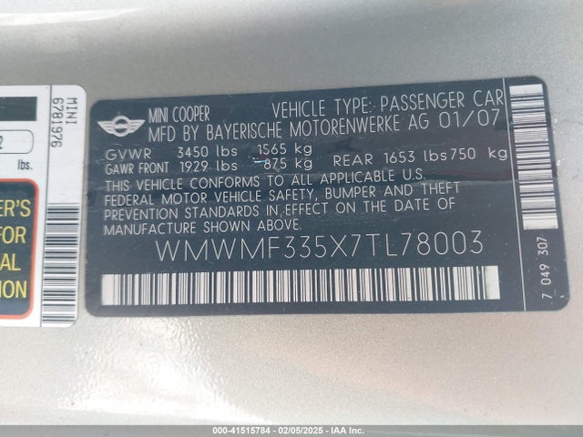 2007 MINI COOPER WMWMF335X7TL78003 Photo 8