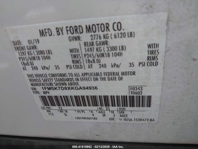 1FM5K7D8XKGA94936 Ford EXPLORER XLT
