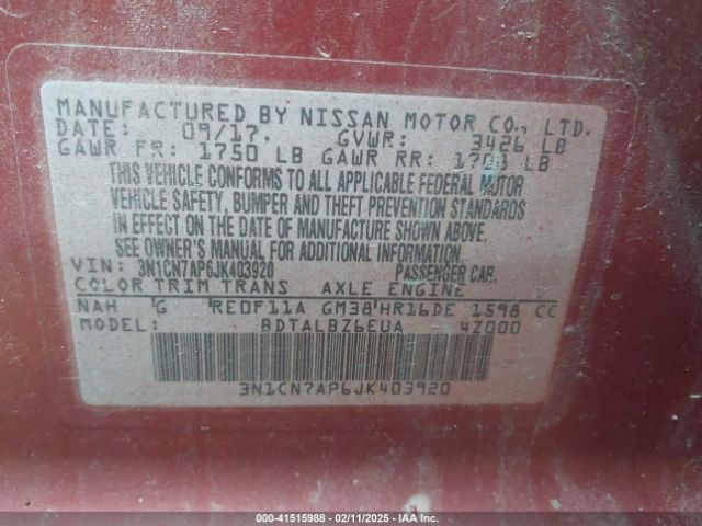3N1CN7AP6JK403920 Nissan Versa 1.6 Sv