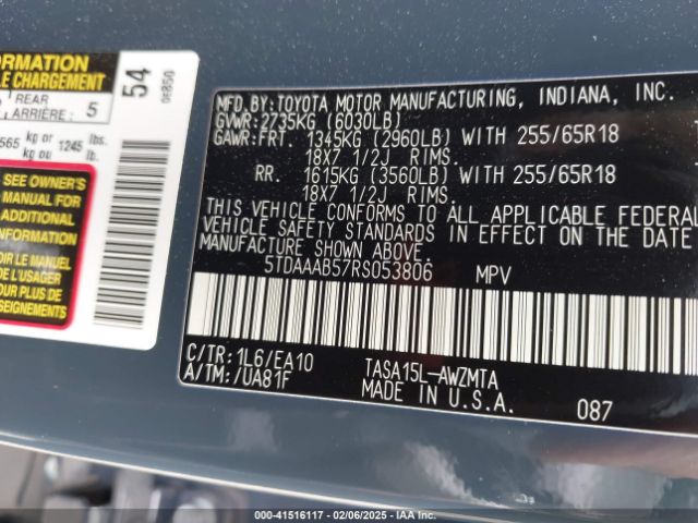 5TDAAAB57RS053806 Toyota Grand Highlander Xle