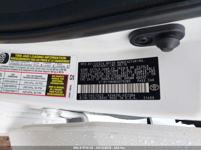 4T1B11HK8KU276385 Toyota CAMRY SE