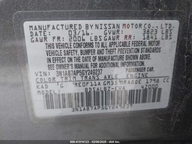 3N1AB7AP5GY249237 Nissan Sentra Fe+ S/s/sl/sr/sv