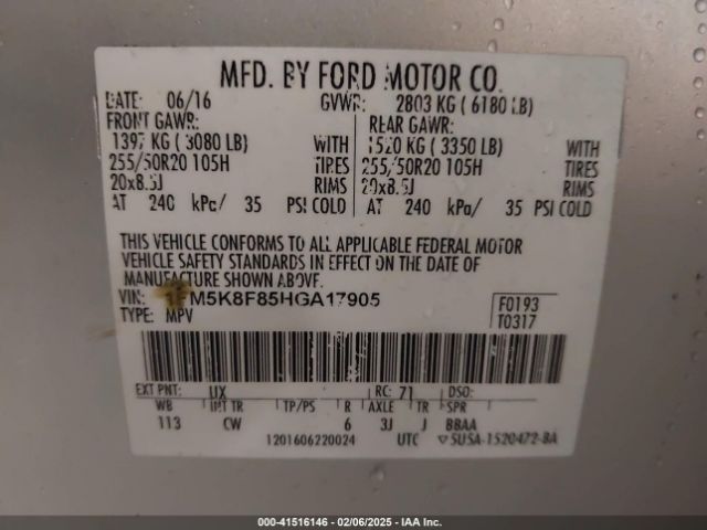 1FM5K8F85HGA17905 Ford Explorer Limited