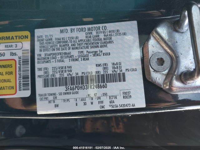 Ford FUSION SE 2015 3FA6P0HD3FR248660 Image 9