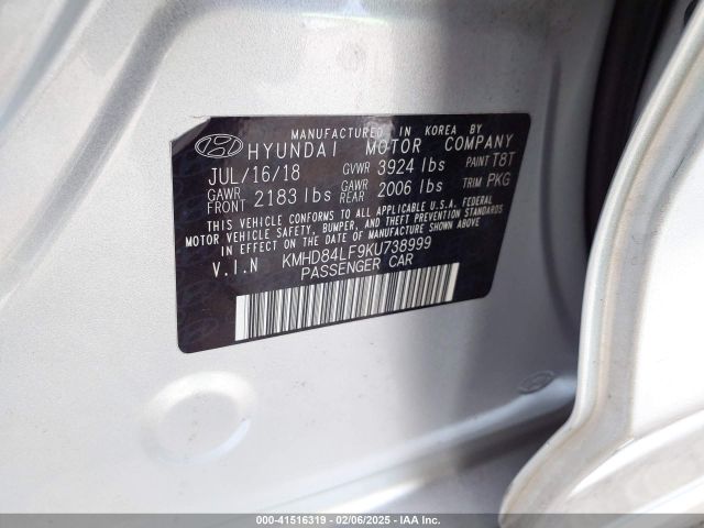 KMHD84LF9KU738999 Hyundai ELANTRA SEL