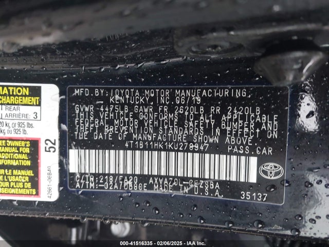 4T1B11HK1KU278947 Toyota CAMRY SE