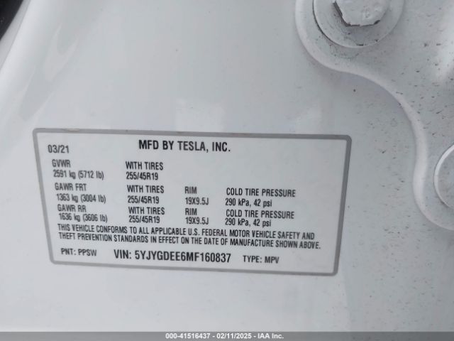 5YJYGDEE6MF160837 Tesla Model Y Long Range Dual Motor All-wheel Drive