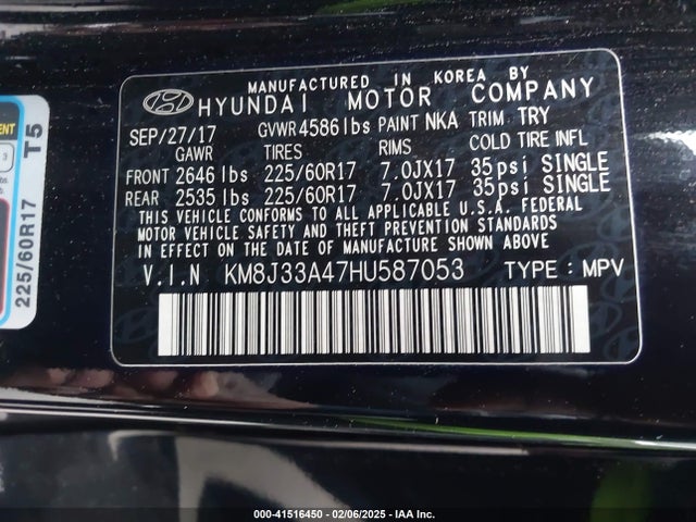 KM8J33A47HU587053 Hyundai TUCSON SE