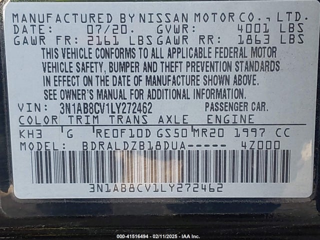 3N1AB8CV1LY272462 Nissan Sentra Sv Xtronic Cvt
