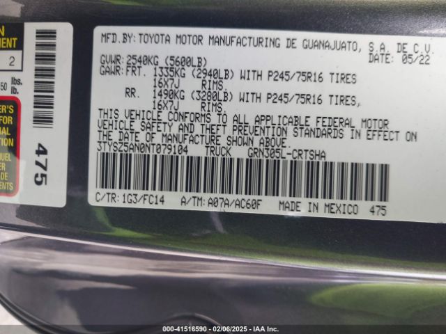 3TYSZ5AN0NT079104 Toyota Tacoma Sr5 V6