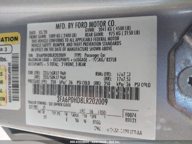 Ford FUSION SE 2020 3FA6P0HD8LR202009 Image 9