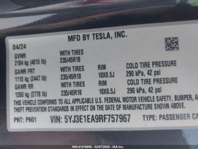 5YJ3E1EA9RF757967 Tesla Model 3 Long Range Dual Motor All-wheel Drive/rear-wheel Drive