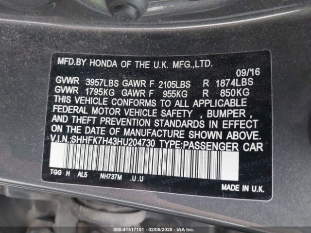 SHHFK7H43HU204730 Honda Civic Sport