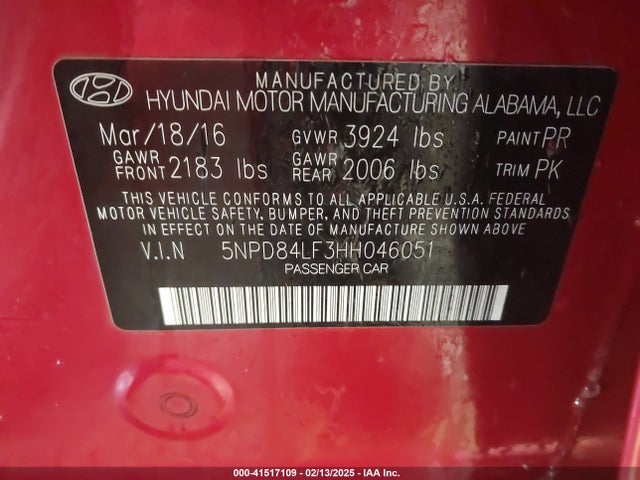5NPD84LF3HH046051 Hyundai ELANTRA SE