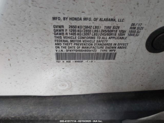 5FNYF6H66HB054123 Honda Pilot Ex-l