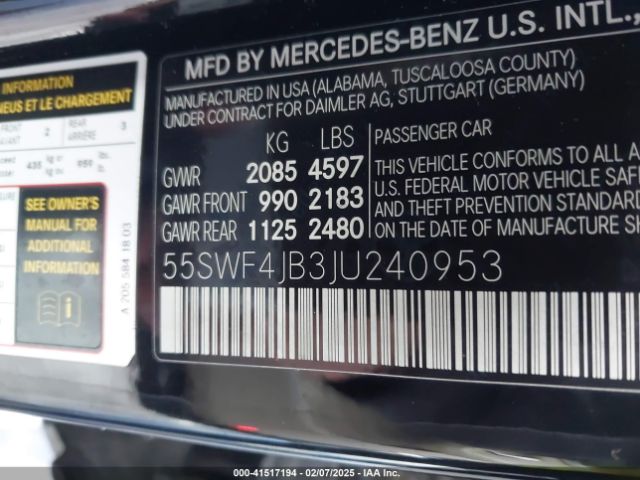55SWF4JB3JU240953 Mercedes-Benz C 300