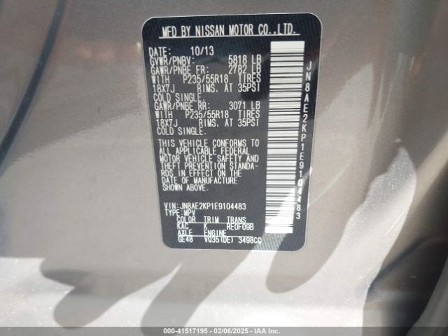 JN8AE2KP1E9104483 Nissan Quest Sl