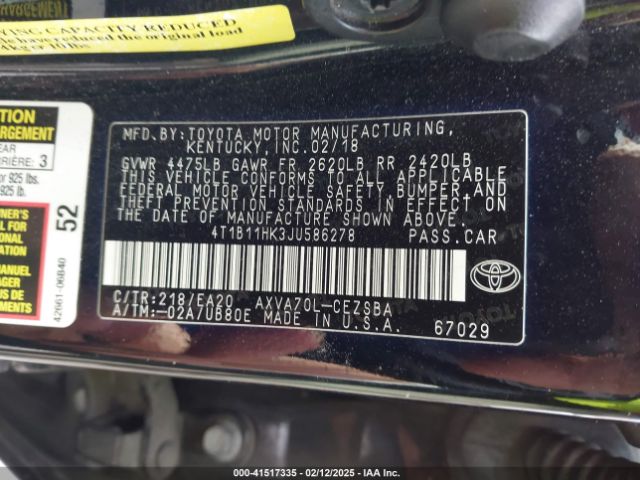4T1B11HK3JU586278 Toyota CAMRY SE