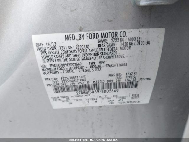 2FMGK5B89EBD02669 Ford FLEX SE