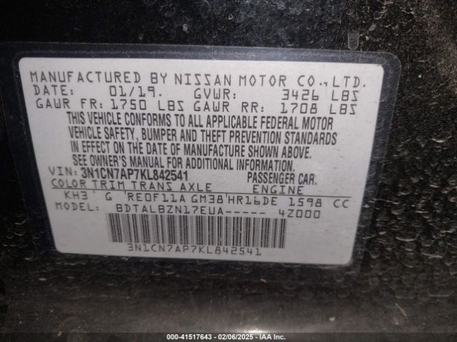 3N1CN7AP7KL842541 Nissan Versa 1.6 Sv