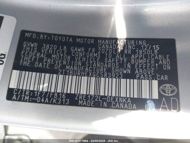 2T1BURHEXGC583923 Toyota COROLLA LE