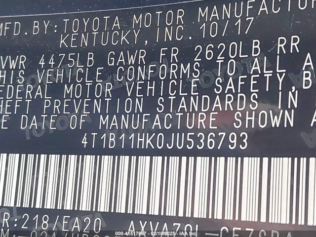 4T1B11HK0JU536793 Toyota CAMRY SE