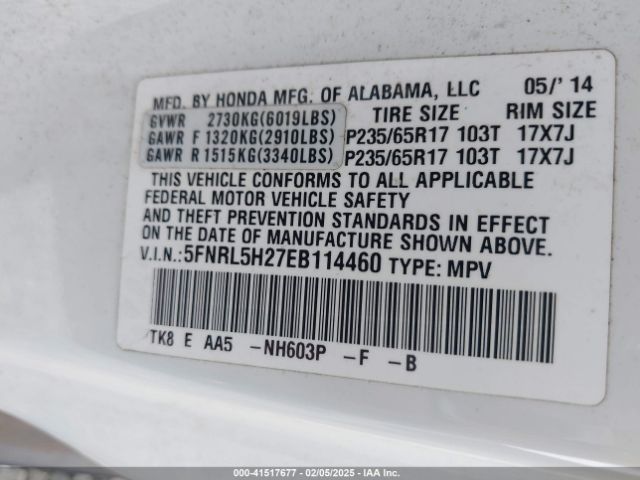 5FNRL5H27EB114460 Honda ODYSSEY LX