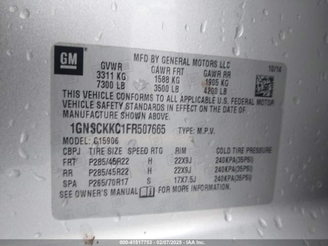 1GNSCKKC1FR507665 Chevrolet Suburban 1500 Ltz