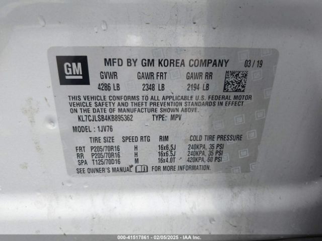 KL7CJLSB4KB895362 Chevrolet Trax Lt