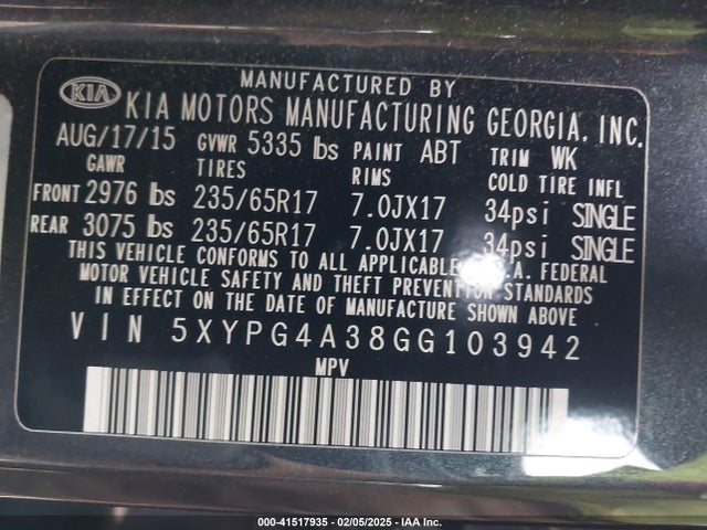 5XYPG4A38GG103942 KIA Sorento 2.4l Lx