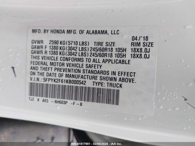 5FPYK2F61KB000542 Honda Ridgeline Rtl-t
