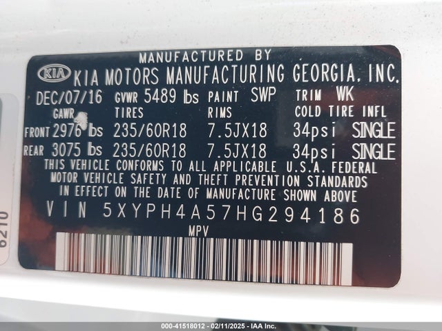5XYPH4A57HG294186 KIA Sorento 3.3l Ex