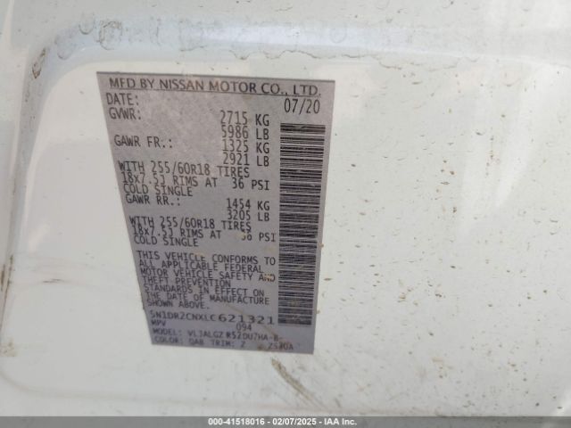 5N1DR2CNXLC621321 Nissan Pathfinder Sl 2wd