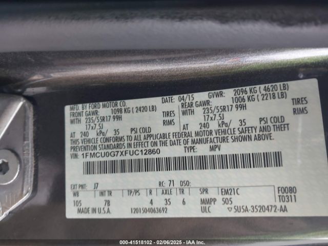 1FMCU0G7XFUC12860 Ford ESCAPE SE