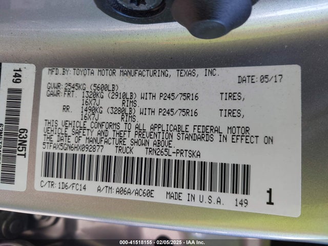 5TFAX5GN6HX092877 Toyota 2tr-fe
