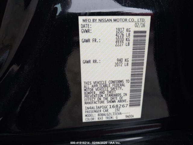 1N4AL3AP1GC168267 Nissan Altima 2.5/2.5 S/2.5 Sl/2.5 Sr/2.5 Sv
