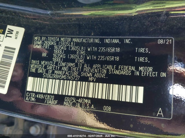 5TDGZRBH5MS145727 Toyota Highlander Xle