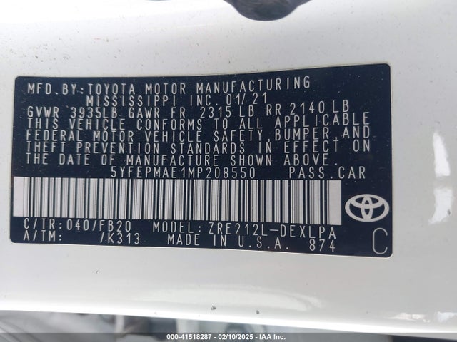 5YFEPMAE1MP208550 Toyota COROLLA LE