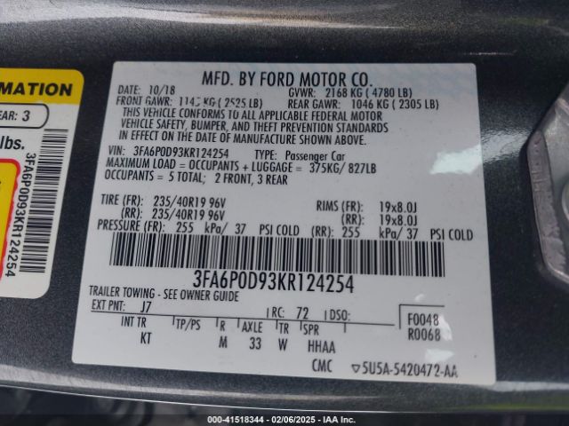 3FA6P0D93KR124254 Ford Fusion Titanium