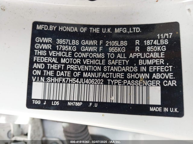 Honda CIVIC EX 2018 SHHFK7H54JU406202 Image 9