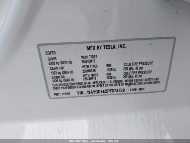 7SAYGDEE2PF874729 Tesla Model Y Awd/long Range Dual Motor All-wheel Drive
