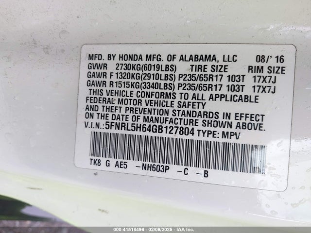 5FNRL5H64GB127804 Honda Odyssey Ex-l