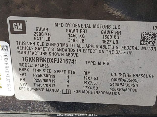 1GKKRRKDXFJ216741 GMC Acadia Slt-1