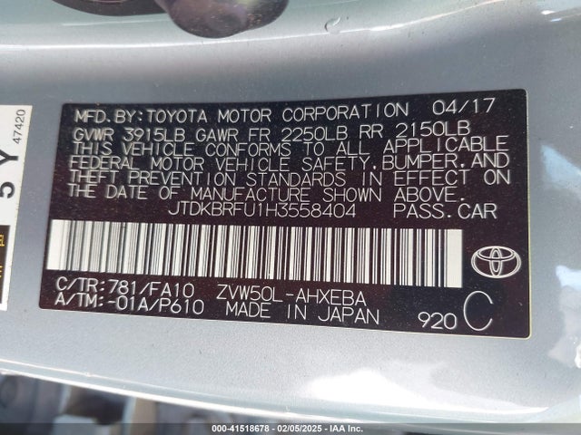JTDKBRFU1H3558404 Toyota Prius Two