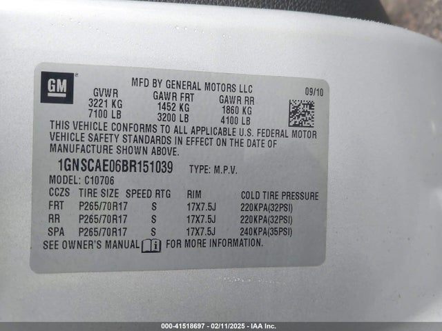 Продажа на аукционе авто 2011 Chevrolet Tahoe Ls, vin: 1GNSCAE06BR151039, номер лота: 41518697