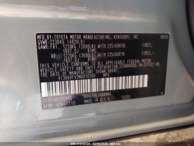 4T3B6RFV3MU010280 Toyota Rav4 Hybrid Xle Premium