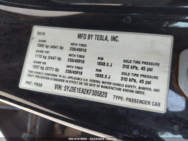 2019 TESLA MODEL 3 5YJ3E1EA2KF305820 Photo 8