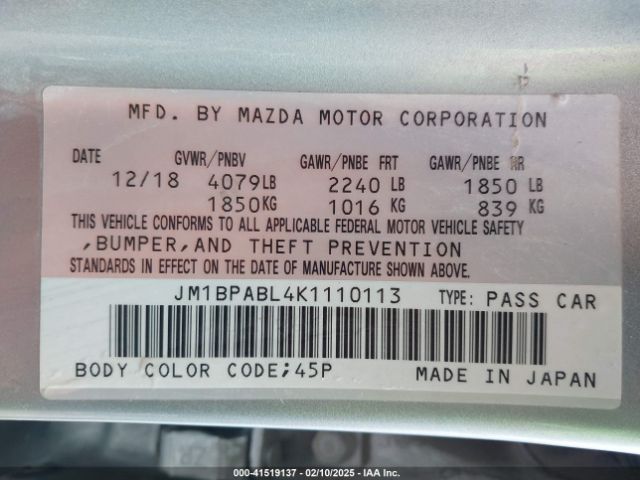 JM1BPABL4K1110113 Mazda MAZDA3