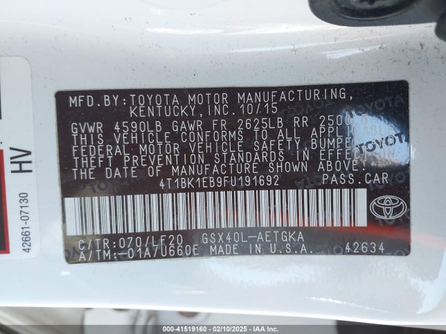 4T1BK1EB9FU191692 Toyota Avalon Xle Premium