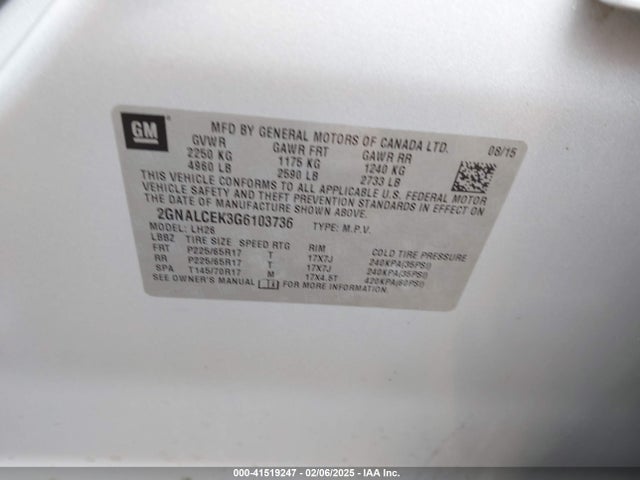 Chevrolet EQUINOX LT 2016 2GNALCEK3G6103736 Image 9